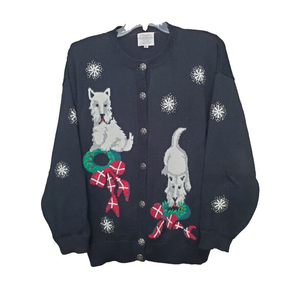 Susan Bristol Sweaters - Susan Bristol Ramie/Cotton Scottie Dog Wreath Snowflake Christmas Sweater Sz XL